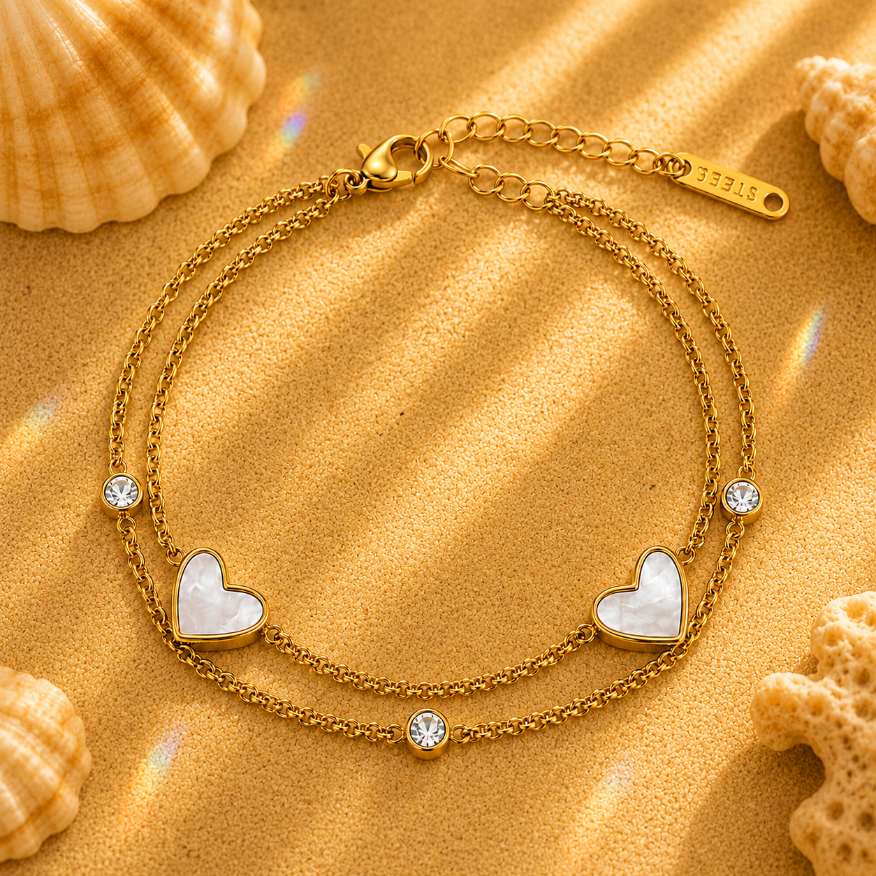 Brazalete Doble Corazón Nácar